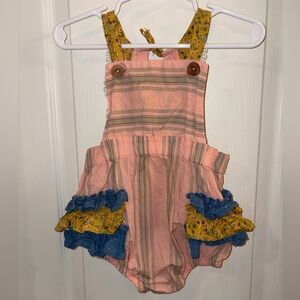 Matilda Jane Pink Striped Romper with Yellow Floral & Blue Ruffles